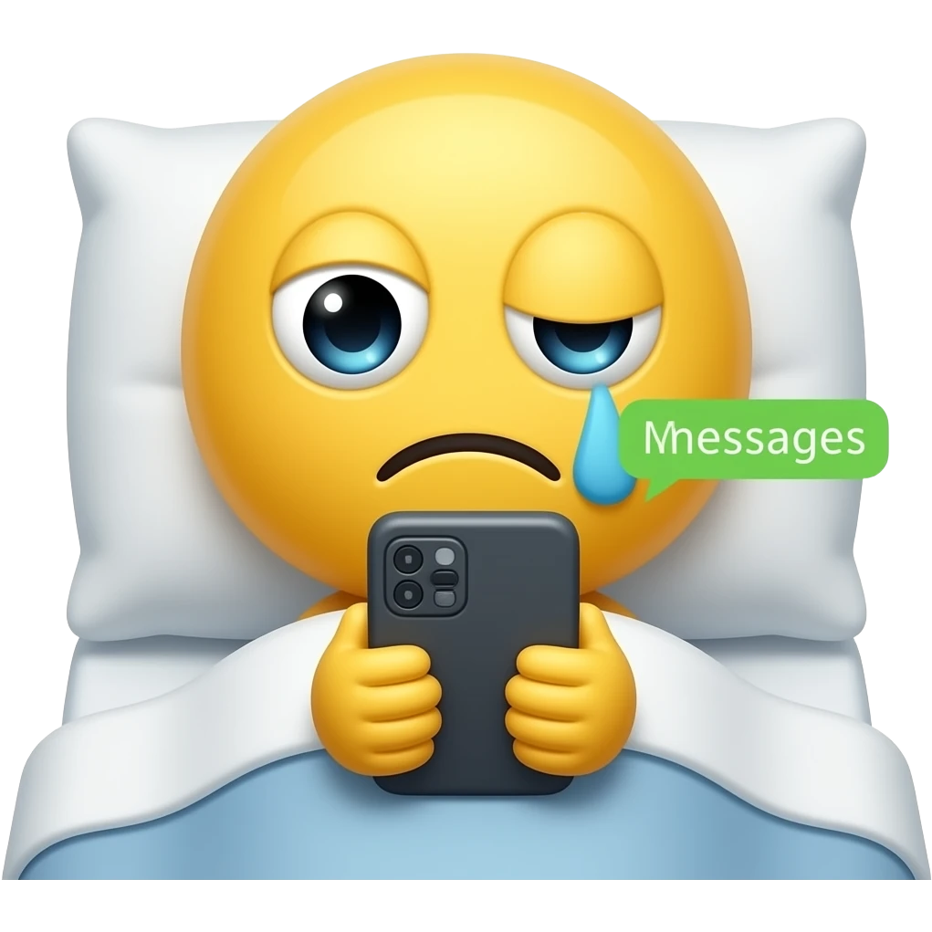 Yellow emoji face that looks tired & sleepy with 1 eye open & 1 eye shut reading phone messages in bed emoji