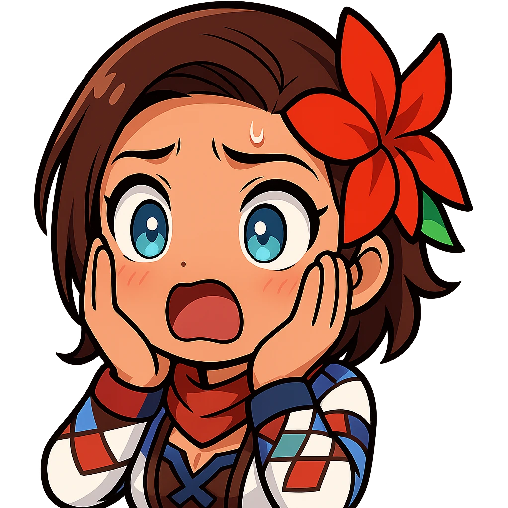 Azucena from Tekken 8 in chibi sticker style with a shocked expression, hands on cheeks, designed for Twitch emote use. emoji