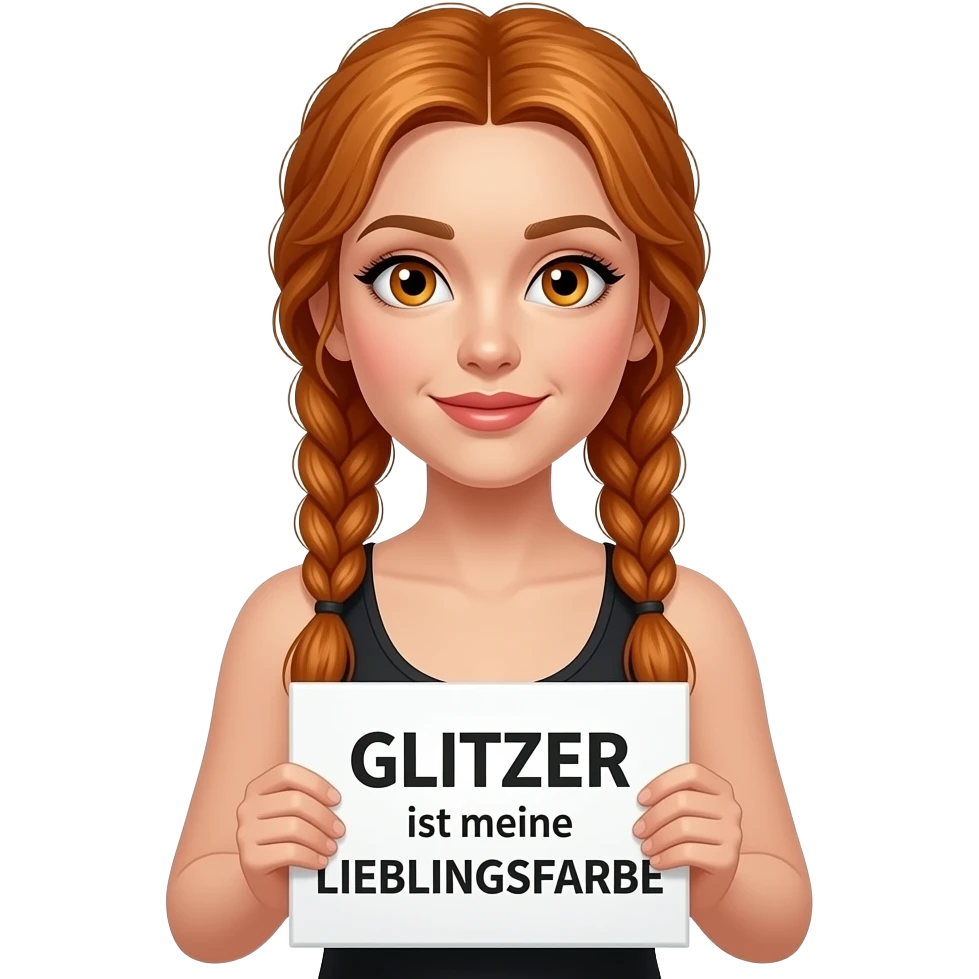 sexy girl with long ginger braids and ginger eyes wearing a black tanktop and is holding a white sign with GLITZER ist meine LIEBLINGSFARBE written on it emoji