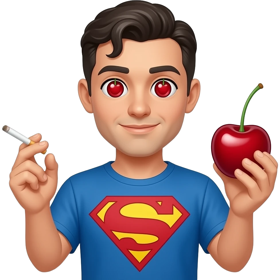 Make this sticker with the cherry instead of the S embedded in the chest as part of the costume, the eyes have Cherries as pupils and the left hand is holding a joint and the right hand a cherry emoji