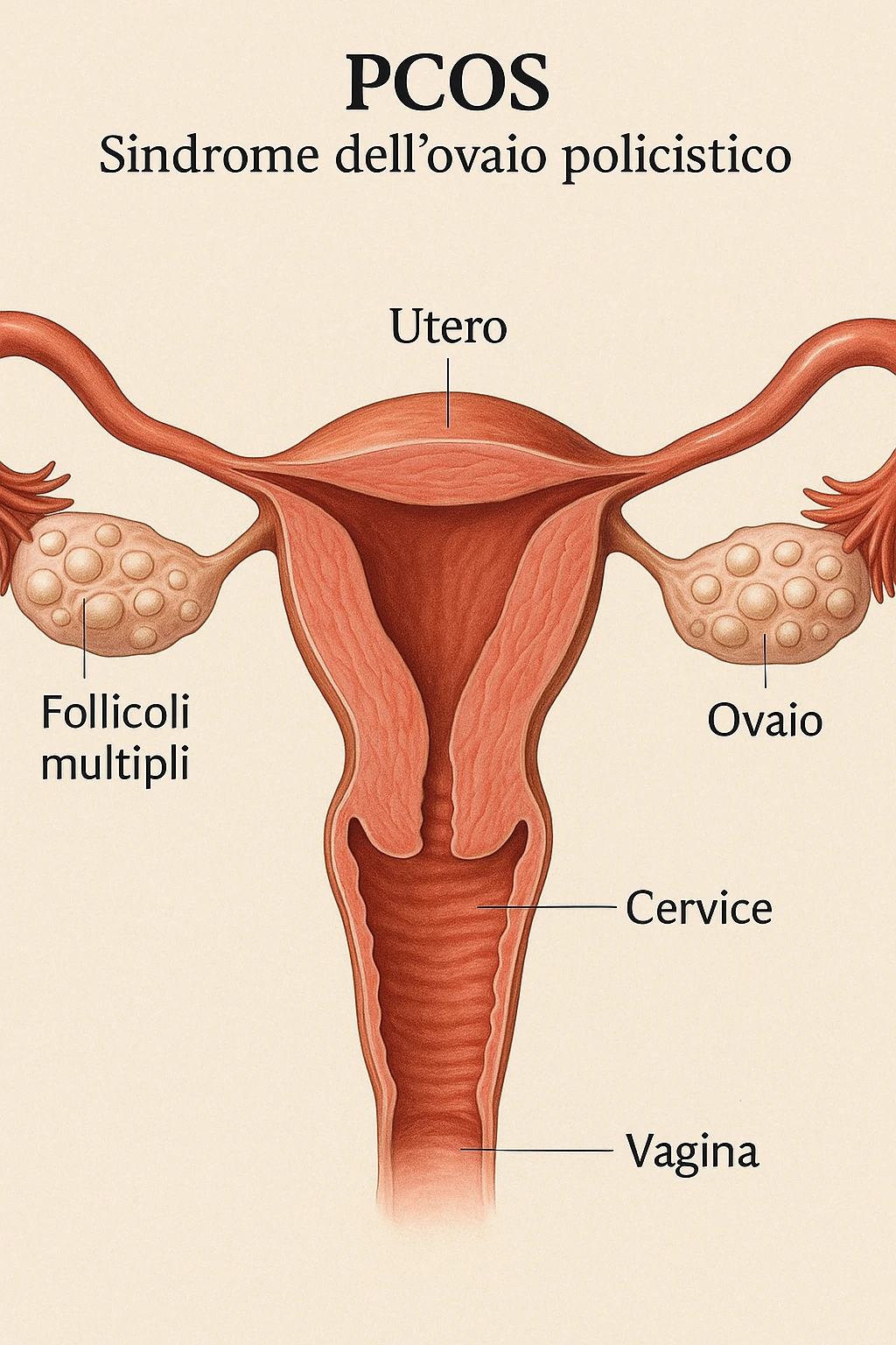 Immagine medica 3D realistica: PCOS vista in sezione anatomica, ovaie con molti follicoli, utero e ovaie evidenziati, dettagli clinici, colori naturali, didascalie in italiano, aspect ratio 2:3. emoji