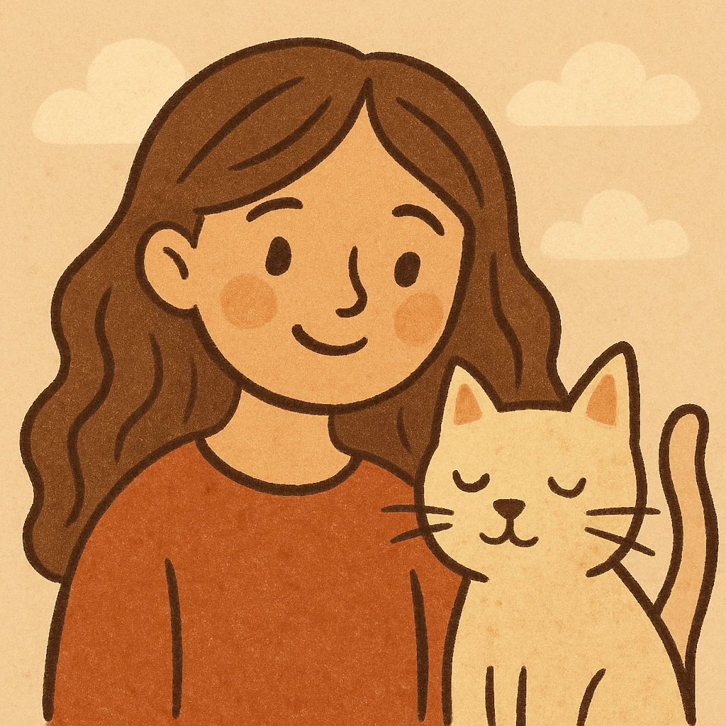 a girl with long wavy brown hair and brown eyes smiling with a cat beside her, soft warm style emoji