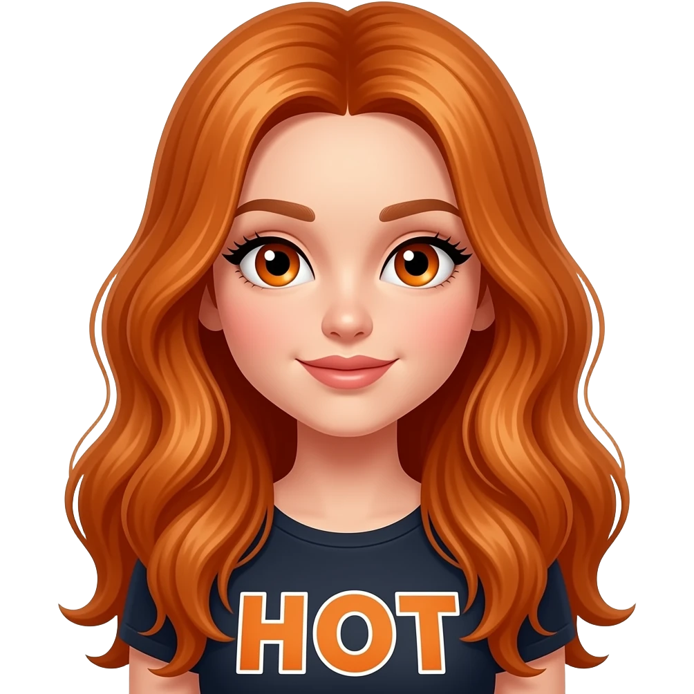 sexy girl with overlong ginger hair and ginger eyes a top with HOT written on it emoji