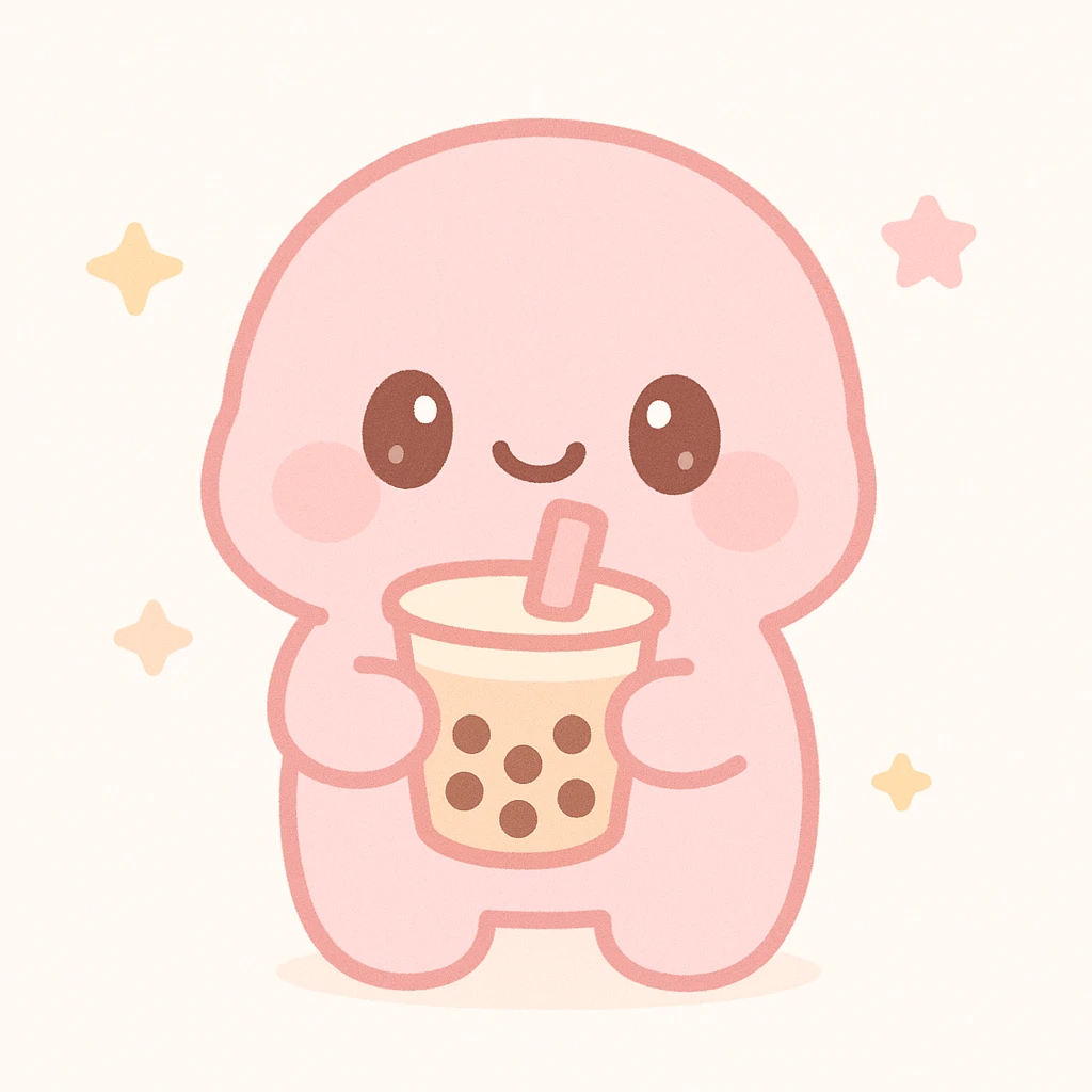 pink character holding bubble tea, joyful expression, kawaii style emoji
