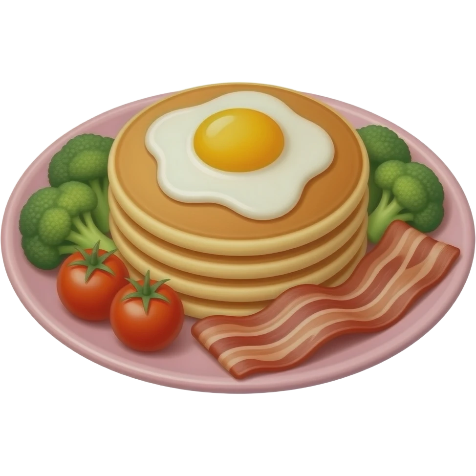 pink plate - pancakes, egg, broccoli, baby tomato, bacon - breakfast plate fill emoji