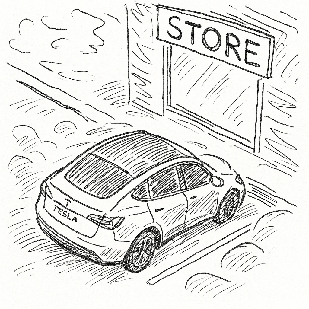A Tesla Model Y parallel parking in front of a store, from above emoji