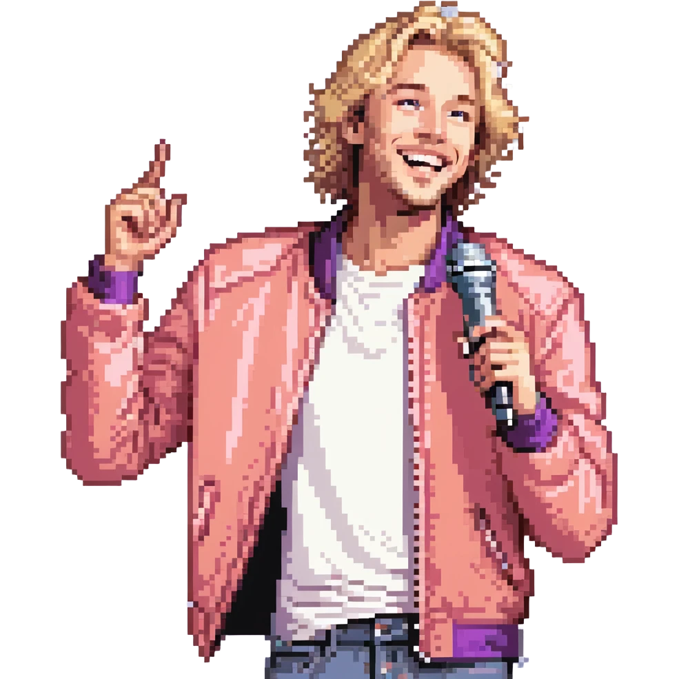 Pixel art style, expressive male performer, Caucasian features, tousled sandy blonde hair, lively eyes, wide cheerful smile, wearing a coral violet jacket over white tee, tossing a microphone in one hand, waist-up, front-facing emoji