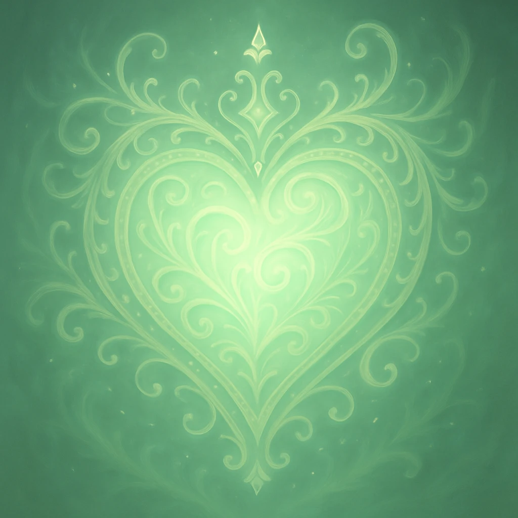 Edit the heart to be pastel green while keeping the fantasy magical style. Make it glowing and ornate with delicate, intricate details and a soft pastel green glow. emoji