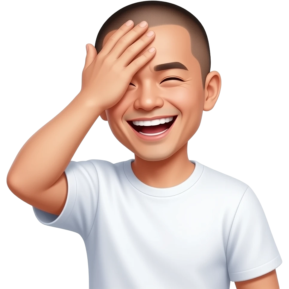 asian guy with shaved head with palm on foreheard covering face laughing shaking his head with white t shirt on emoji