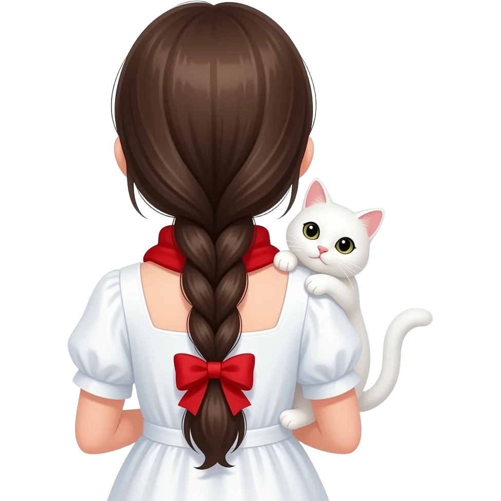 girl with long dark brown braid and bow, red scarf, white dress, holding white cat on shoulder. seen from behind, smooth glossy texture, soft lighting, kawaii style emoji emoji