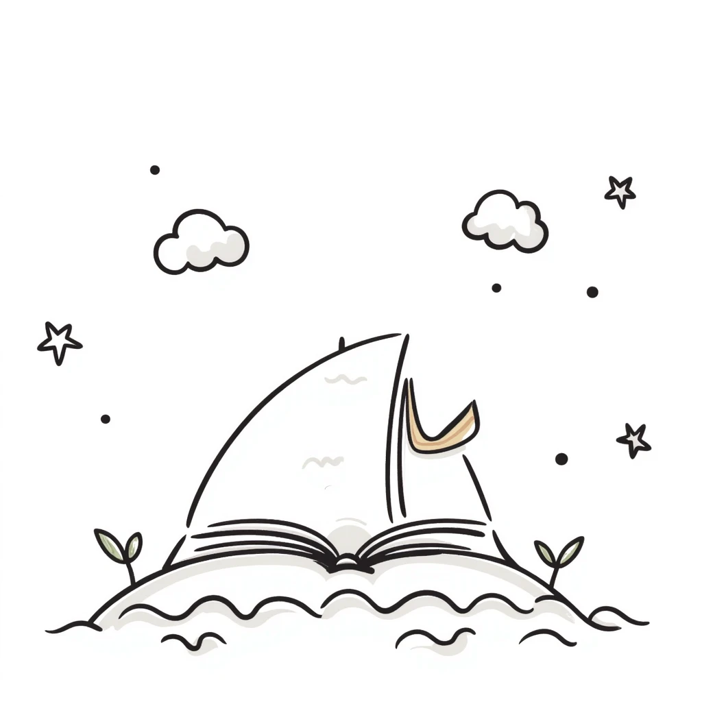 hand-drawn decorative elements including clouds, stars, ocean waves in a whimsical and airy children's book illustration style, clean and minimal, pastel tones, pencil or ink sketch look emoji