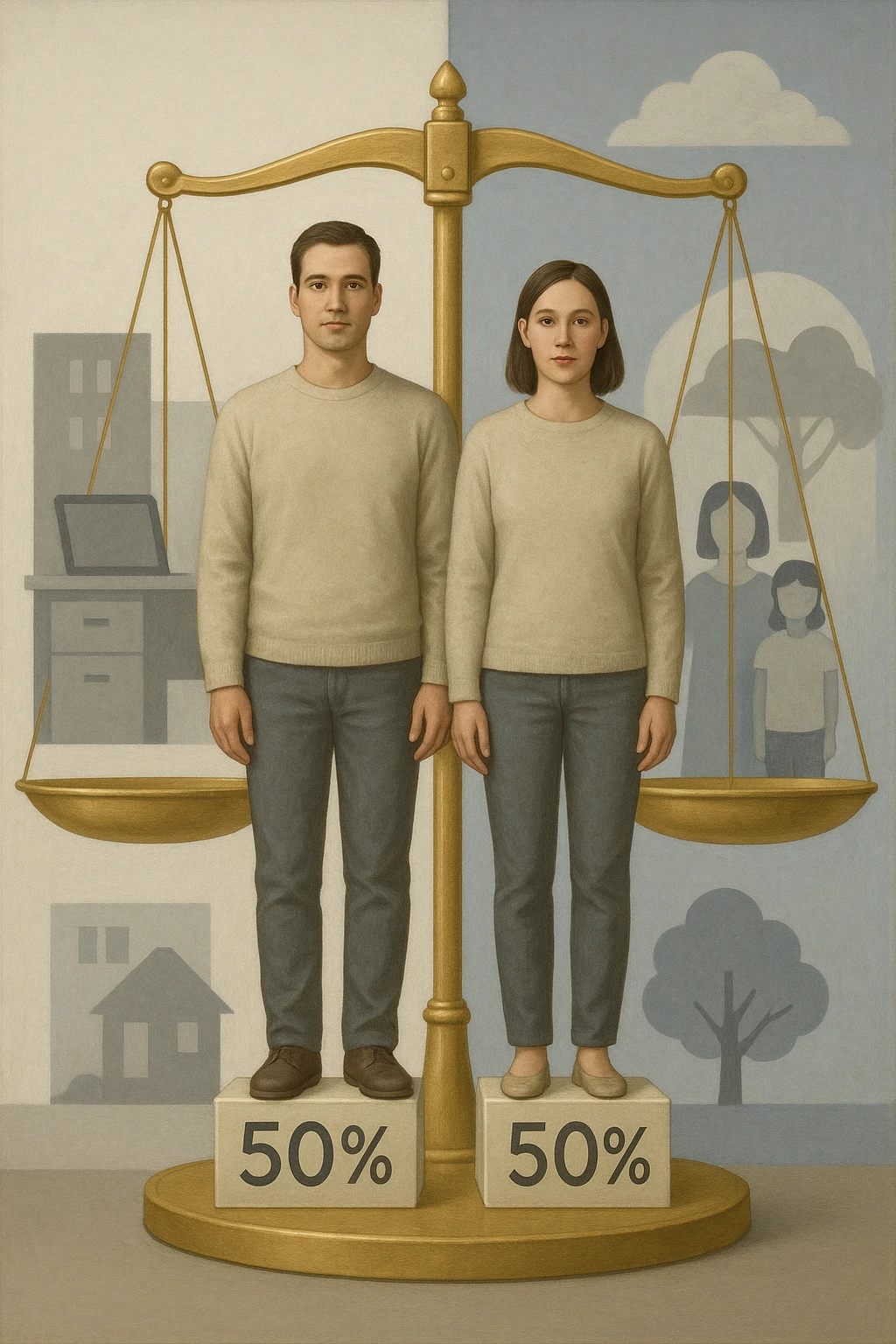 Uomo e donna in piedi l’uno accanto all’altra, al centro di una bilancia perfettamente in equilibrio. Entrambi vestiti in modo simile (moderno e neutro), con espressioni serene e rispettose. Sotto i loro piedi, due blocchi con scritto '50%' ciascuno. Sullo sfondo, elementi divisi simmetricamente: lavoro, famiglia, tempo libero, rappresentati equamente da entrambi. Atmosfera armoniosa, illuminazione equilibrata, colori neutri e simbolici (bianco, grigio, blu e oro). Stile realistico con accento simbolico sul concetto di equità emoji