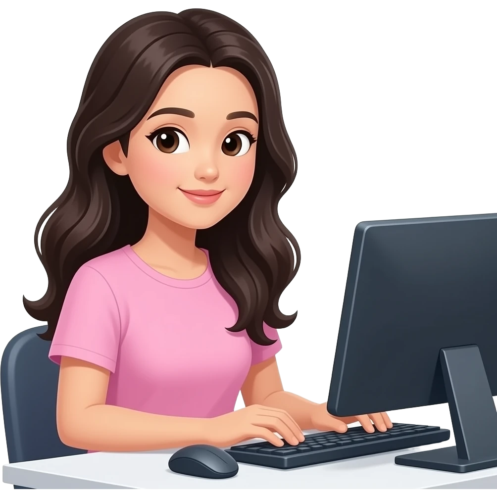 black long wavy hair, asian lady working in a computer with light pink clothes emoji