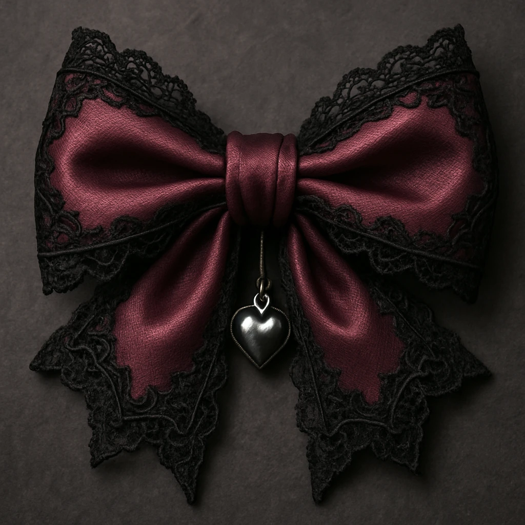 pink gothic bow with black lace trim and heart charm emoji