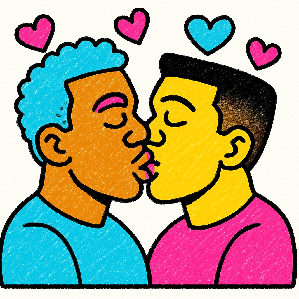 two Black men kissing, cartoon style, vibrant colors, heart shapes in background emoji