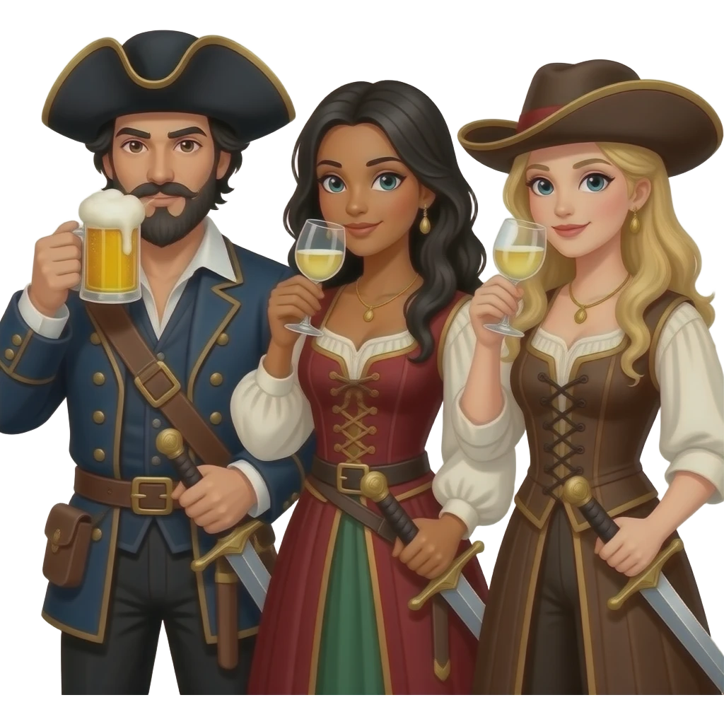 Three musketeers with swords and hats. One guy with black hair, beard and dark brown eyes, one girl with black hair and tanned skin and one girl with blond hair. The guy is drinking beer and the girls white wine. emoji