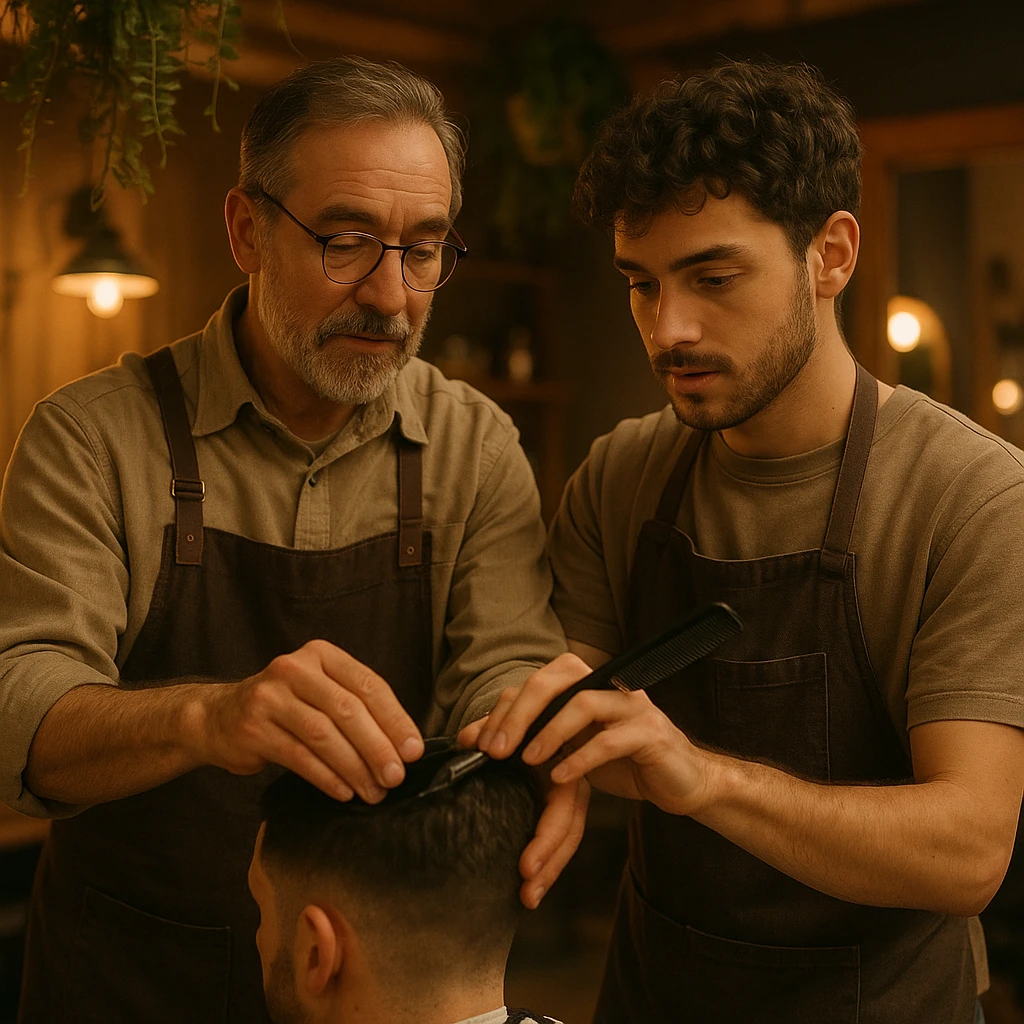 Inside a cozy barbershop with soft lighting, an experienced barber gently teaches his apprentice, guiding his hands as they cut hair together. The room is filled with warmth, plants hanging from the ceiling, and the hum of clippers emoji