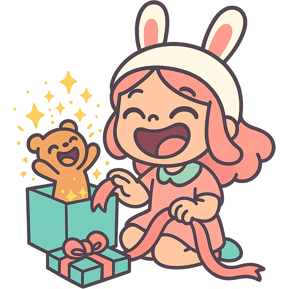 laughing chibi cute girl with a bunny hat, unwrapping a magical glitter gift box with a small laughing teddy bear inside, full body, clean and polished, no imperfections, pastel-toon style emoji