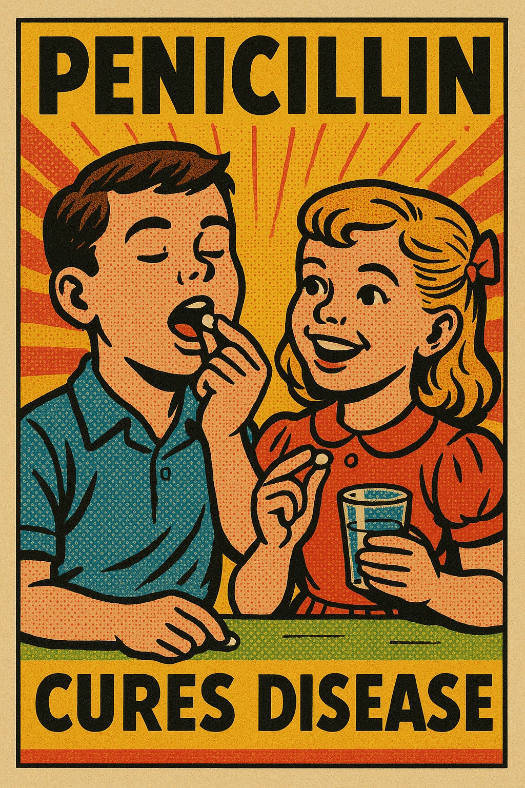 A poster advertising 'penicillin' with a picture of two healthy children taking pills to help cure their disease emoji