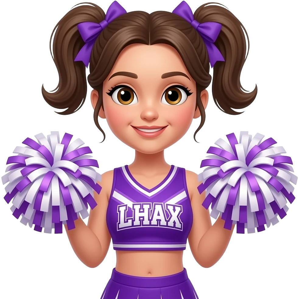 wide body cheerleader girl with two sided bun and wear vibrant purple cheerleader outfit and poom poom in hands face close up emoji