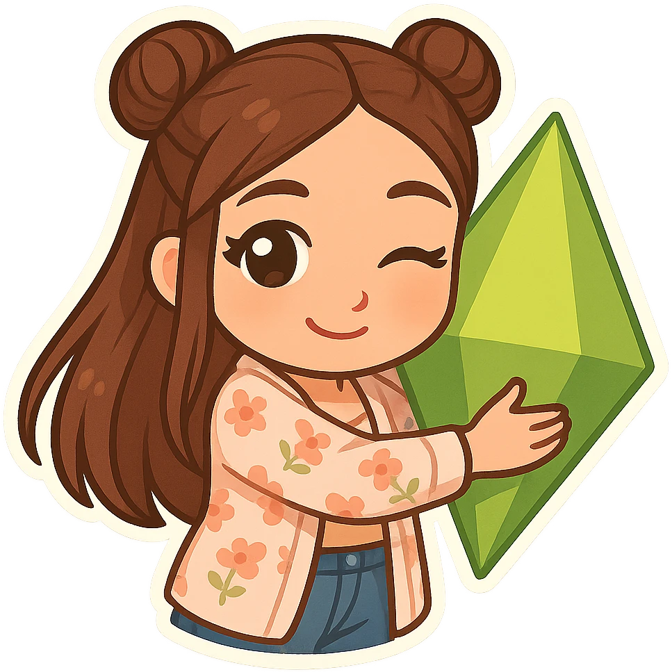 Create a chibi sticker of the girl from the reference image. She has brown straight hair styled in double buns, brown eyes, wearing a pastel floral cardigan and jeans. The expression is flirty and she is hugging a plumbob. The sticker should have a white outline and a transparent background, sized 512x512px. emoji