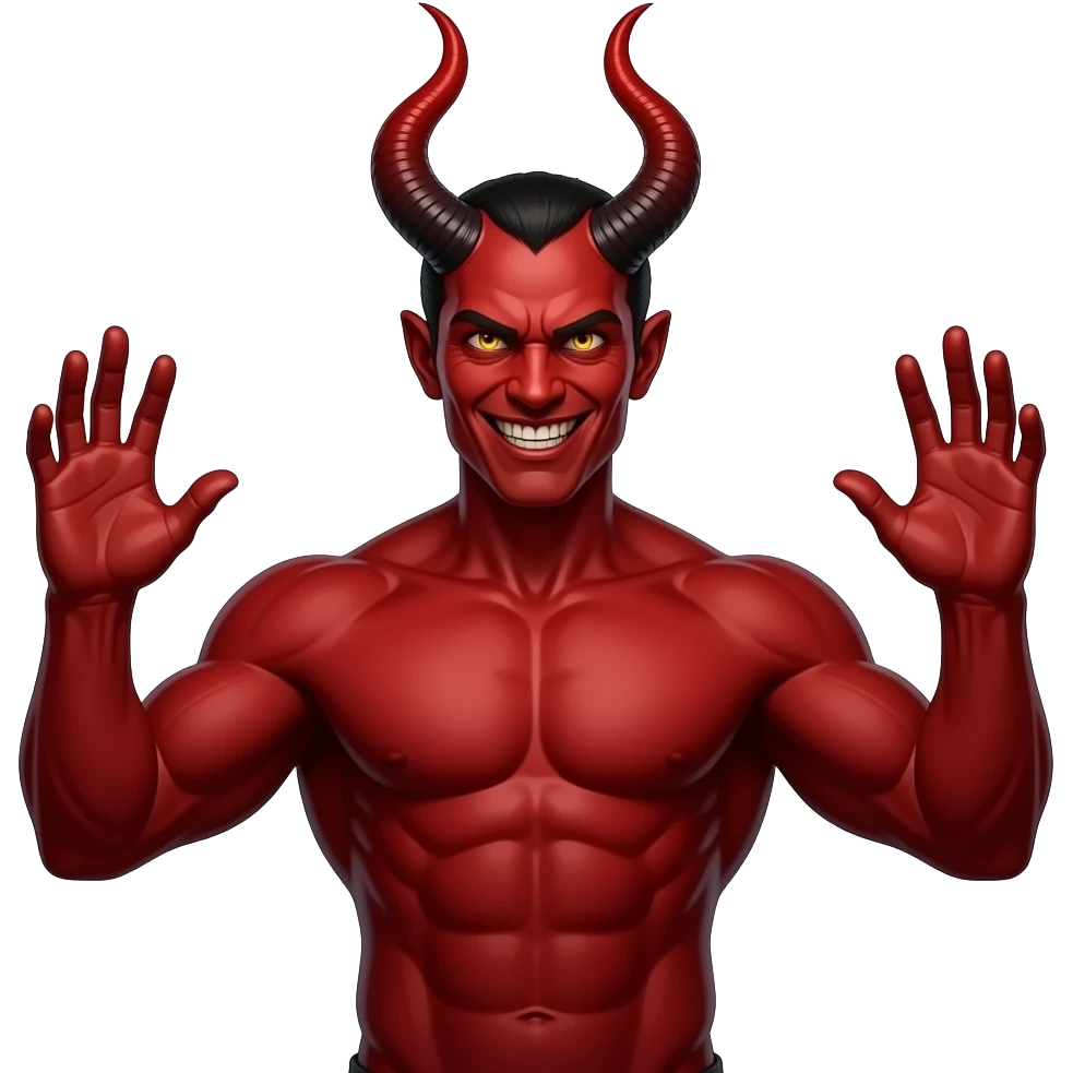 “Red devil, muscular torso, horns, glowing eyes, evil grin, both hands raised, open palms up, symmetrical, dark background, high detail” emoji