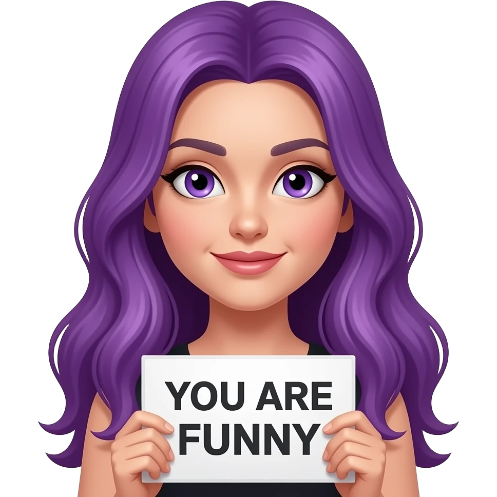 sexy girl with long purple hair and purple eyes holding a YOU ARE FUNNY sign emoji