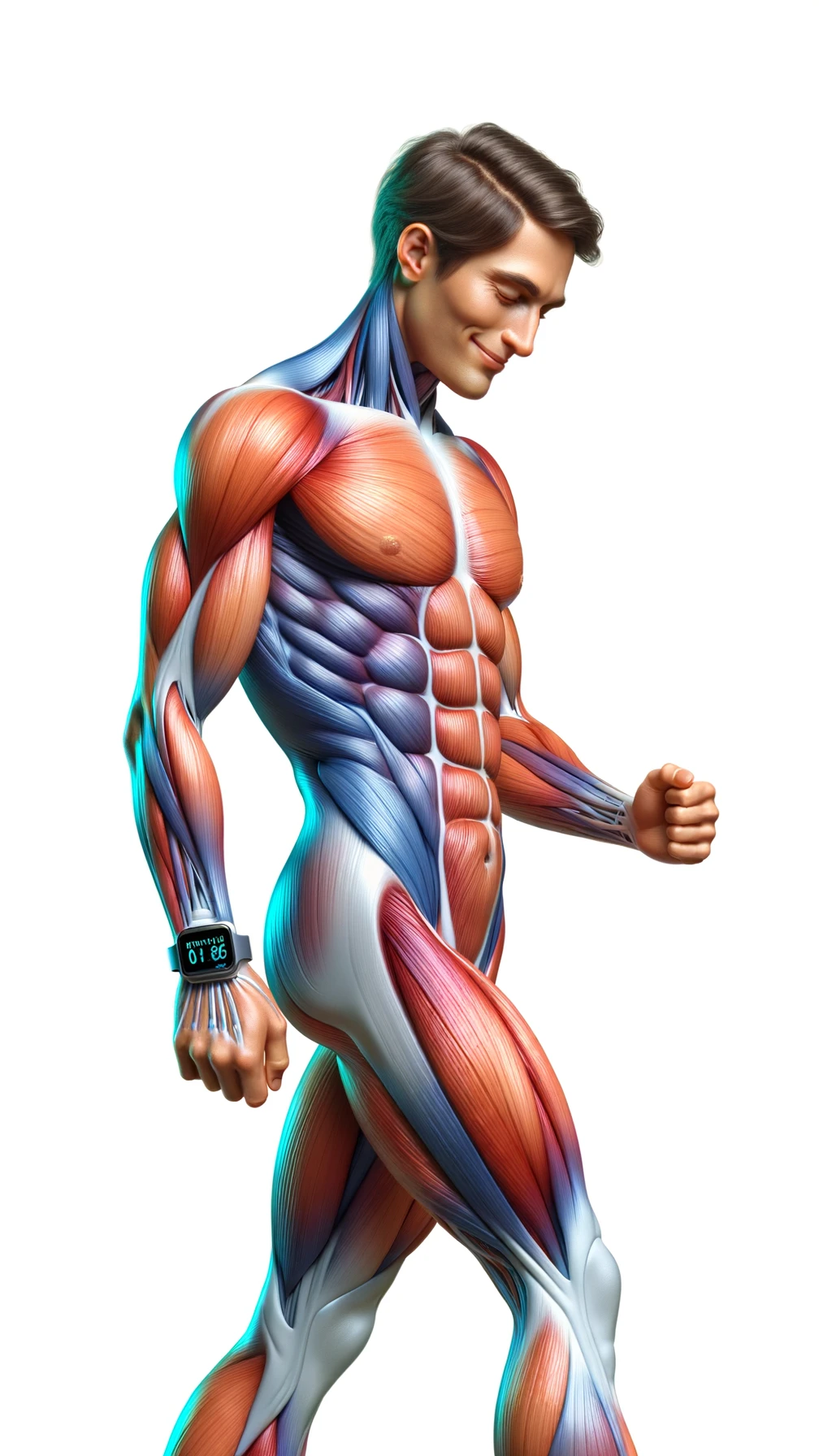 corpo umano anatomico sereno e felice che cammina mentre osserva il suo orologio contapassi, colori realistici del corpo, espressione soddisfatta, iperrealistica 4k, isolato su sfondo bianco emoji