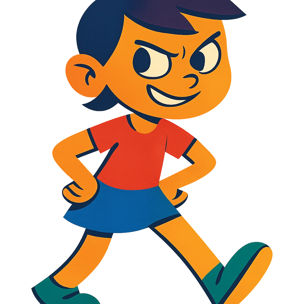 girl character with a pixie cut and a mischievous expression, vibrant cartoon style emoji