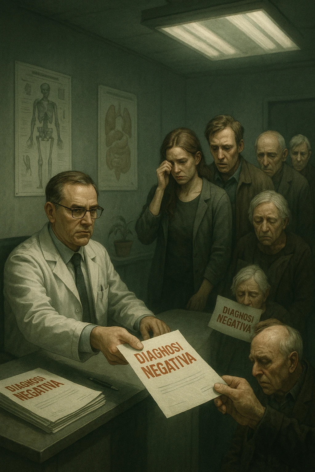 A realistic, cinematic illustration set in a dull, grey-toned medical office. A middle-aged male doctor in a white coat with a stern, cold expression is seated at his desk, handing out medical reports with large red ‘Negative Diagnosis’ stamps to each patient in line. The patients, of various ages and appearances, stand in a line, each looking increasingly sad, defeated, and demoralized as they receive their papers, with slumped shoulders and empty gazes. One young woman wipes away a tear, while a man stares at the paper in shock. The background shows medical posters, a faded plant, and harsh fluorescent lighting, emphasizing the cold, mechanical environment. The mood is heavy, illustrating how negative diagnoses delivered without empatia can deeply affect the mental health and morale of patients. The style is realistic, with subtle filmic grain, emphasizing emotional impact and the weight of medical words on people’s lives.in italiano emoji