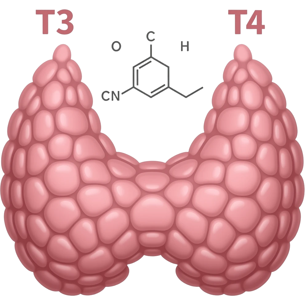 thyroid gland with T3 and T4 in the background as chemical structures emoji