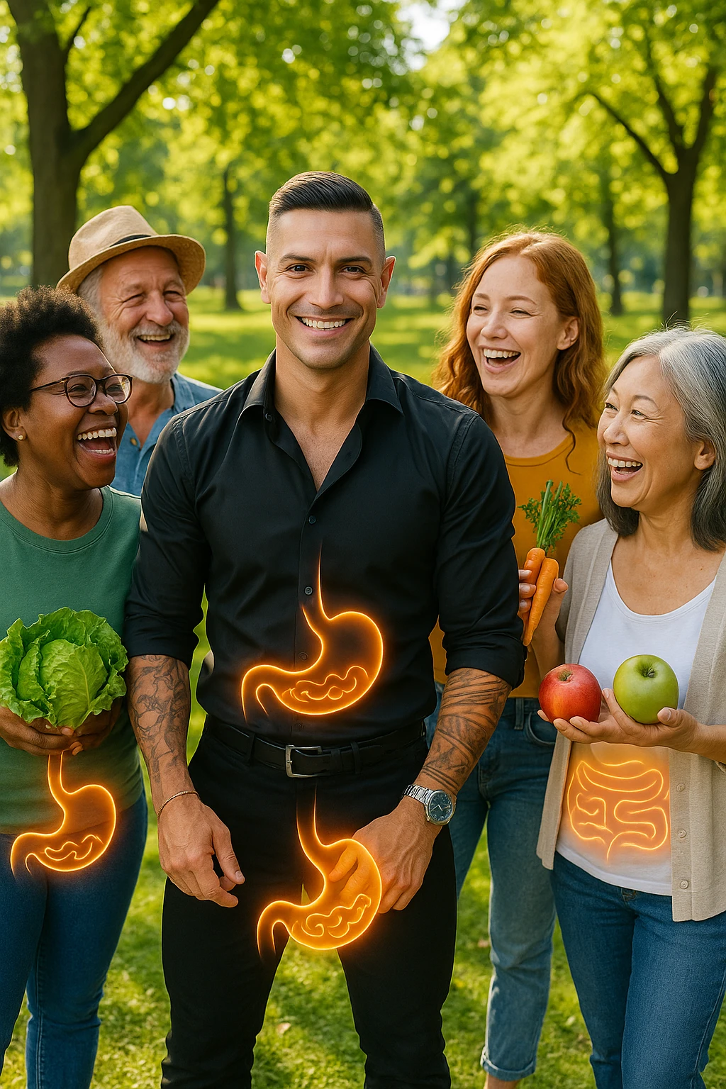 a smiling man stands at the center of a group of diverse, happy people in a bright park. Everyone has a subtle, glowing outline around their abdominal area, symbolizing a healthy gut. The group is laughing, sharing fresh fruits and vegetables, and the atmosphere is vibrant and full of energy. emoji