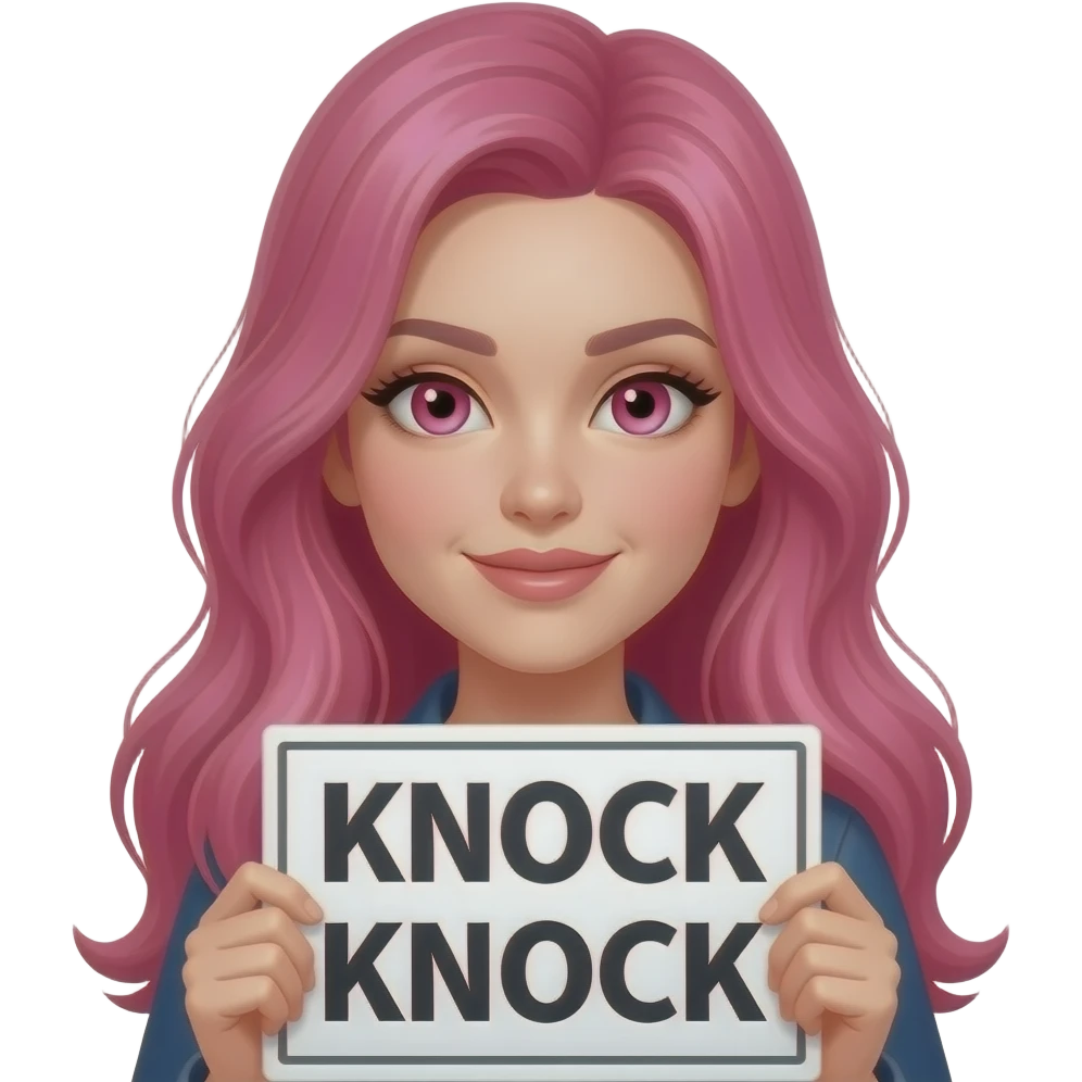 sexy girl with long pink hair and pink eyes wearing a holding a KNOCK KNOCK sign emoji