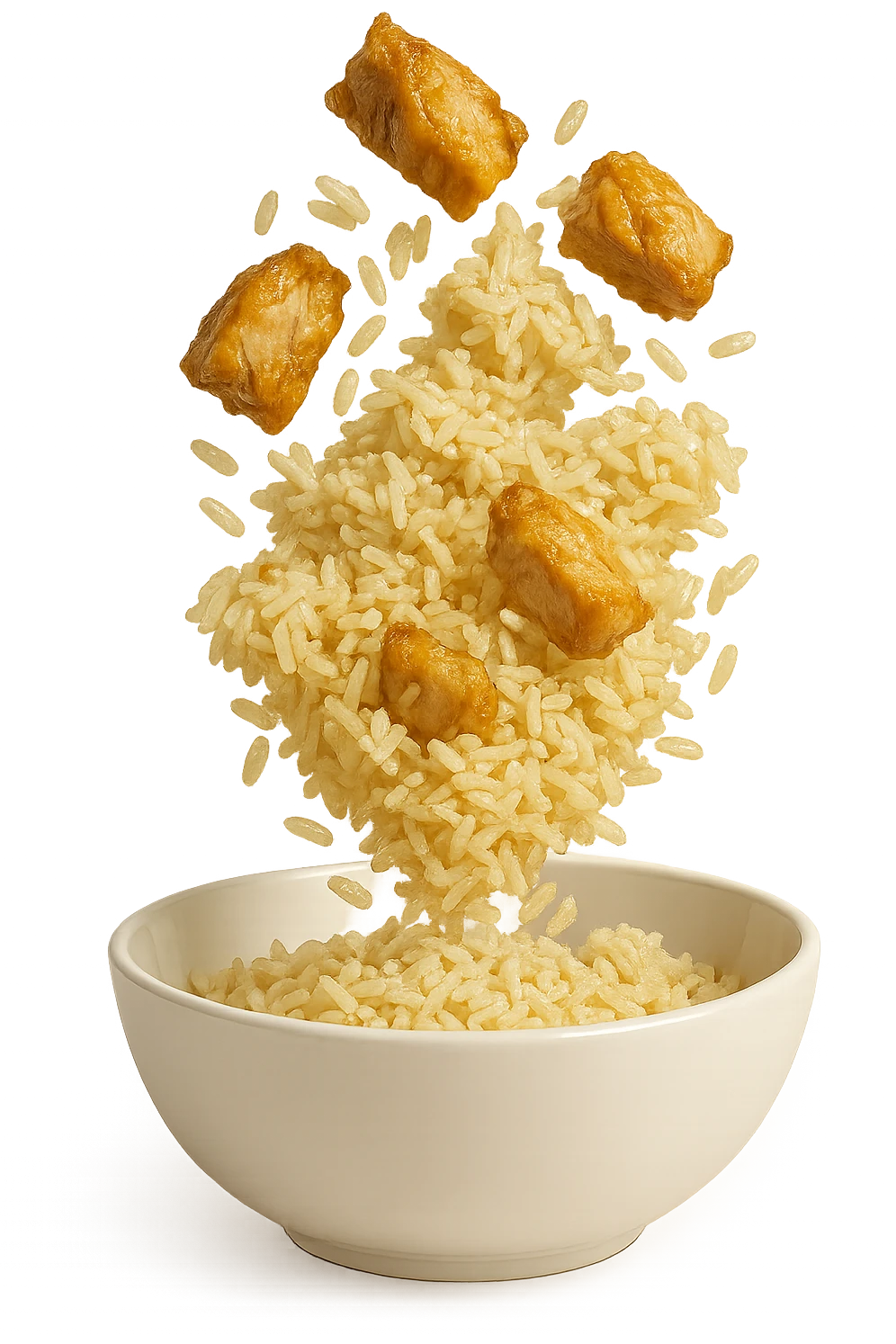 bowl bianca con pollo e riso che ci cadono dentro emoji