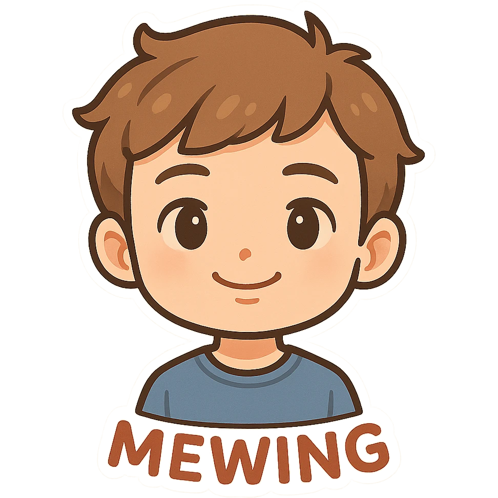 boy practicing mewing, front view, subtle smile, clean background, cartoon style emoji