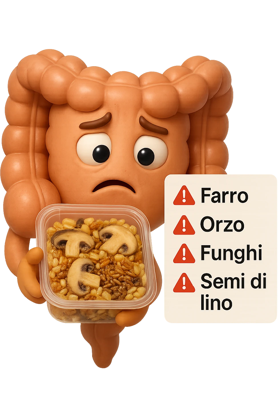 SU QUESTO STILE FAI UN EMOJI STILE IPHONE 3D DI UN INTESTINO CHE HA IN MANO UN insalata di farro mista CONFEZIONATa DA SUPERMERCATO E LEGGE L'ETICHETTA NUTRIZIONALE CON GLI INGREDIENTI IN ITALIANO, ACCANTO ALL'insalata CHE HA IN MANO C'è UN FOCUS SULL'ETICHETTA CON GLI INGREDIENTI SCRITTI, "Farro, orzo, funghi, semi di lino" accanto ad ogni nome scritto mettici un segnale di allarme, FAGLI UN ESPRESSIONE CONFUSA MENTRE LEGGE E FALLO MOLTO REALISTICO IN 3D emoji