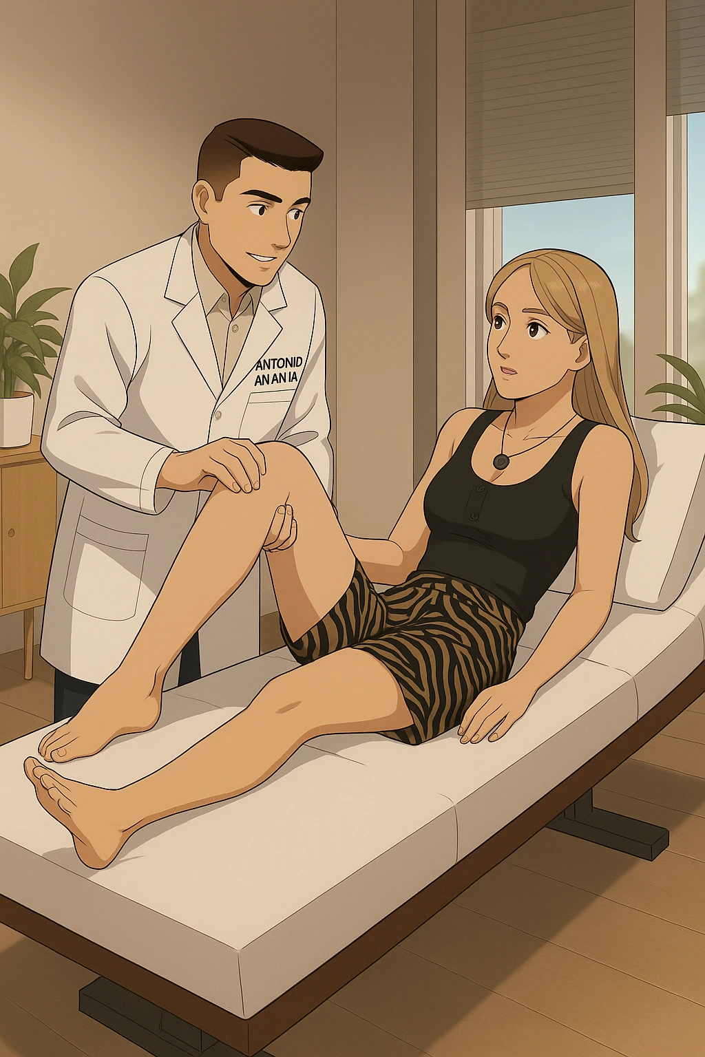 fai un webtoon/manga a colori con questo kinesiologo in camice bianco (fagli la scritta "ANTONIO ANANIA" SUL CAMICE) CHE SVOLGE UN TEST NEUROMUSCOLARE SOLLEVANDO UNA GAMBA ALLA RAGAZZA CHE è STESA SU UN LETTINO BIANCO. STANZA SEMPLICE E MODERNA, DURANTE IL TEST I DUE DIALOGANO TRA LORO. NON FARE I FUMETTI, FAI SOLO LORO COME SE DIALOGASSERO emoji