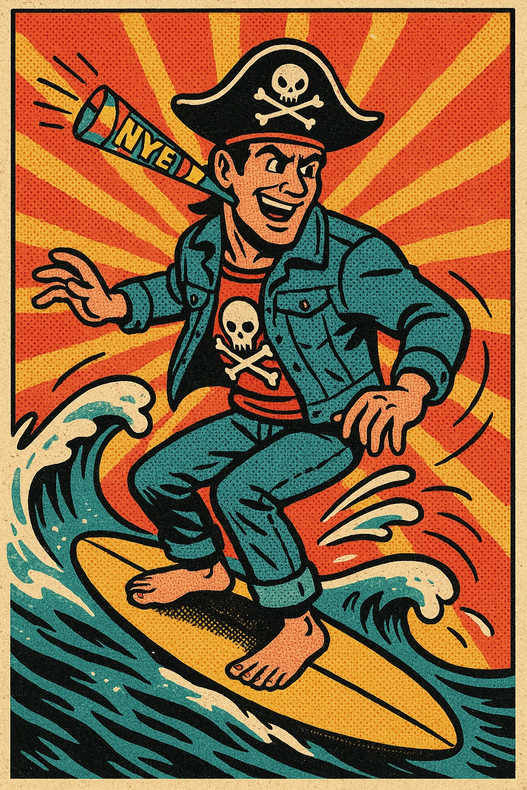 man surfing, pirate hat, denim jacket with skull and crossbones, NYE noisemaker, colorful comic style emoji