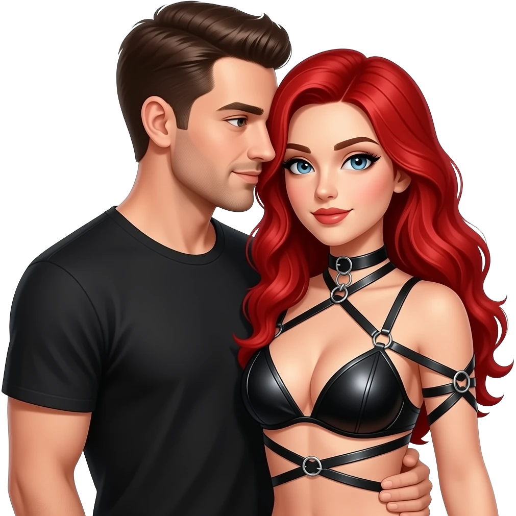 Man rying a Red haired Woman in leather bikini  with bdsm rope emoji