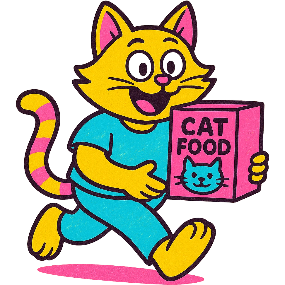 Renkli ve neşeli küçük paket mama kargo kutusu taşıyan kedi, arka plansız, çizgi film tarzında. emoji