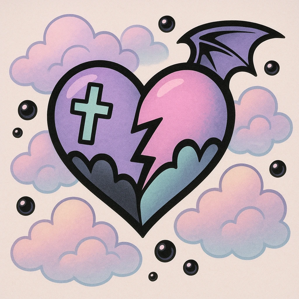 pastel goth heart with pastel clouds and black pearls emoji