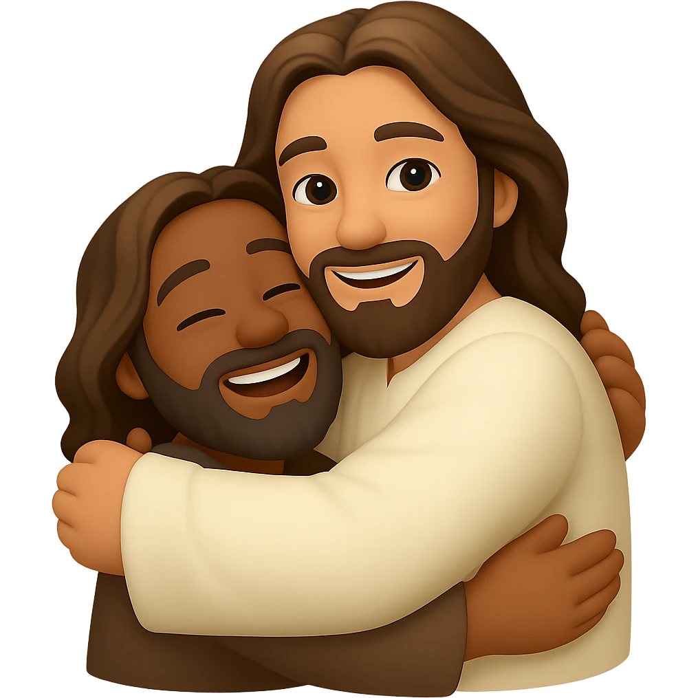 Create an emoji style image of Jesus hugging a person with eyes open, warm and inviting expression, transparent background. The style should resemble apple style emojis but with editing support, focusing on warmth and invitation. emoji