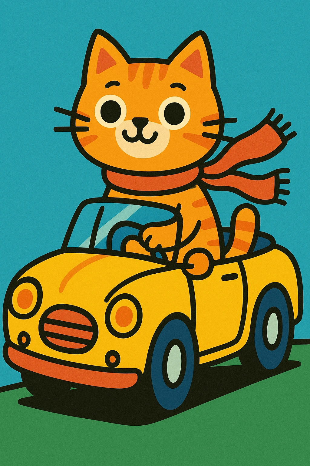 a cute cat with a scarf in a yellow convertible, whimsical illustration emoji