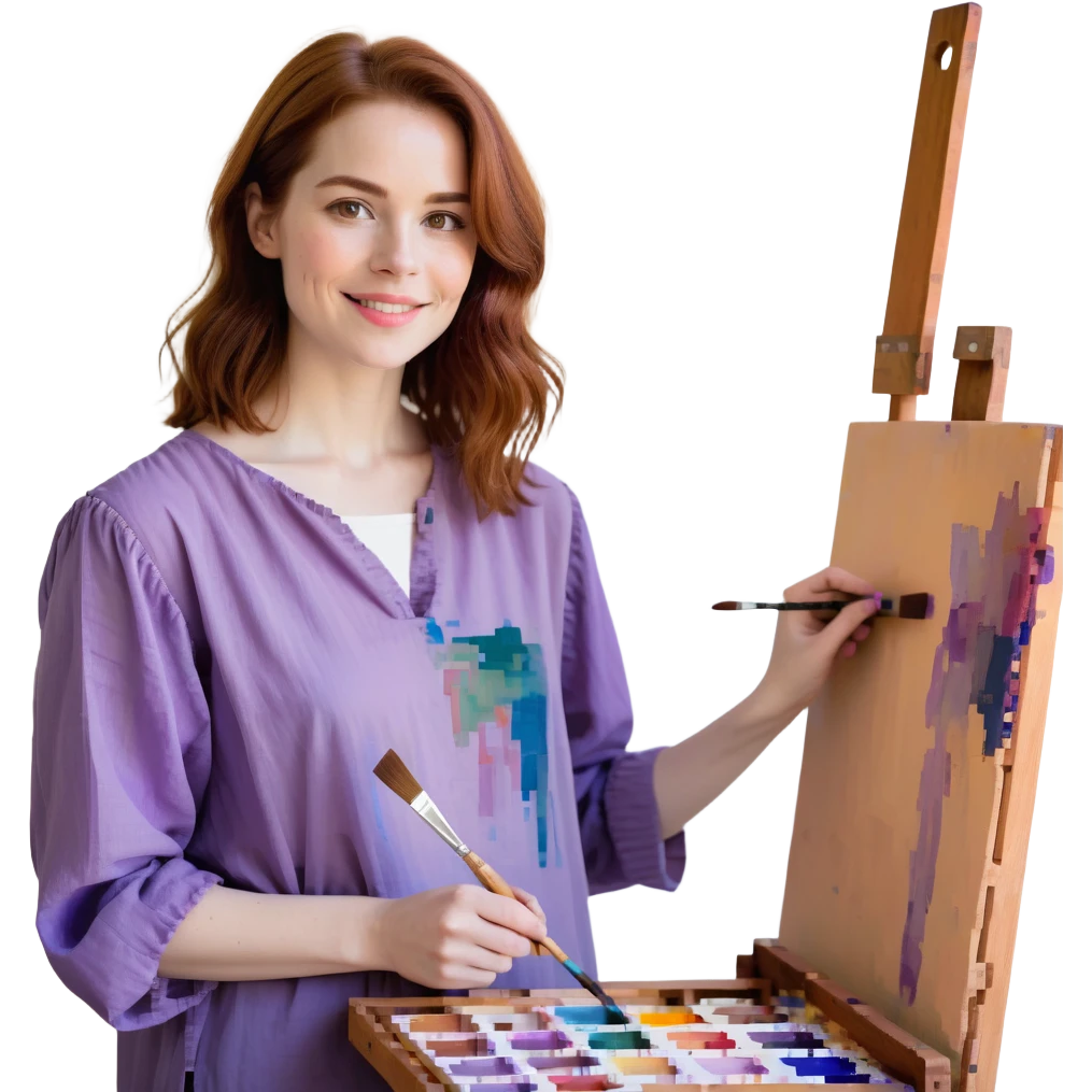 Serene female oil painter, Caucasian features, shoulder-length auburn hair, soft brown eyes, gentle smile, wearing a violet painter’s smock lightly stained with paint over a beige blouse, holding a wooden palette with vibrant colors in one hand and a brush in the other, waist-up, front-facing emoji