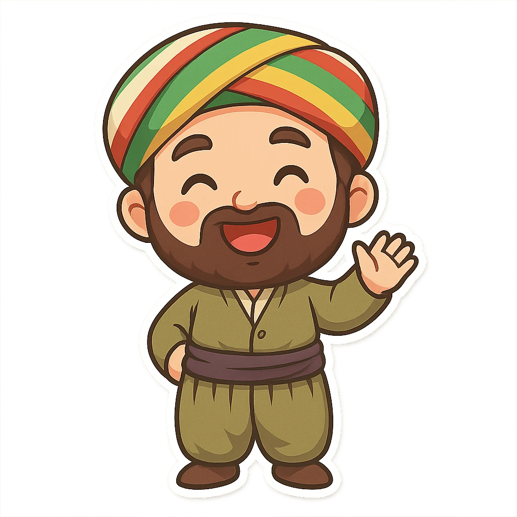 cartoon Kurdish man wearing traditional male Kurdish clothing, colorful and cheerful, no text, suitable for WhatsApp and Instagram sticker, transparent background emoji