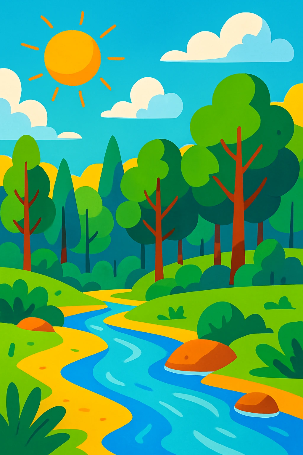 Summer landscape with a forest, a river, and lush greenery, vibrant and colorful emoji