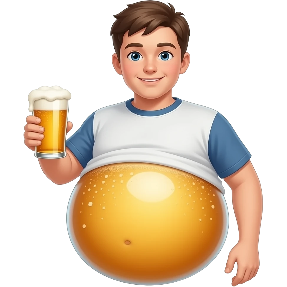 Zrób chłopak 13 latek z piwny brzuchem kształt jak piłka twarty brzuch i bardzo ogromny brzuch i trzyma piwo emoji