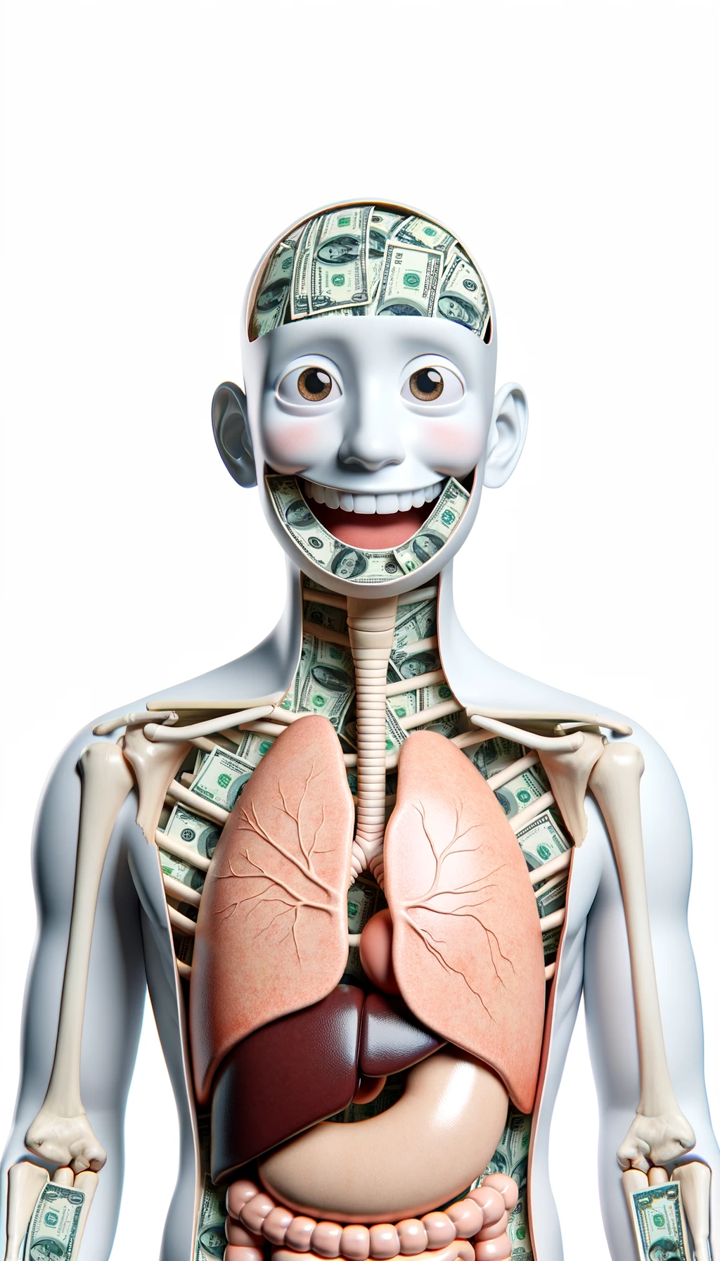 corpo umano anatomico sereno e felice con una montagna di banconote davanti al viso, espressione stupita, iperrealistica 4k, isolato su sfondo bianco emoji