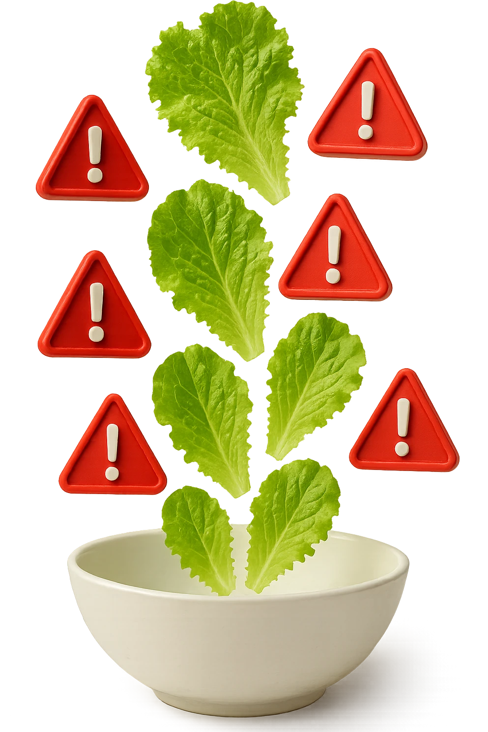 insalata che cade verticalmente in una bowl bianca insieme a segnali triangolari di pericolo con punti esclamativi rossi in 3d, iperrealistica 4k emoji