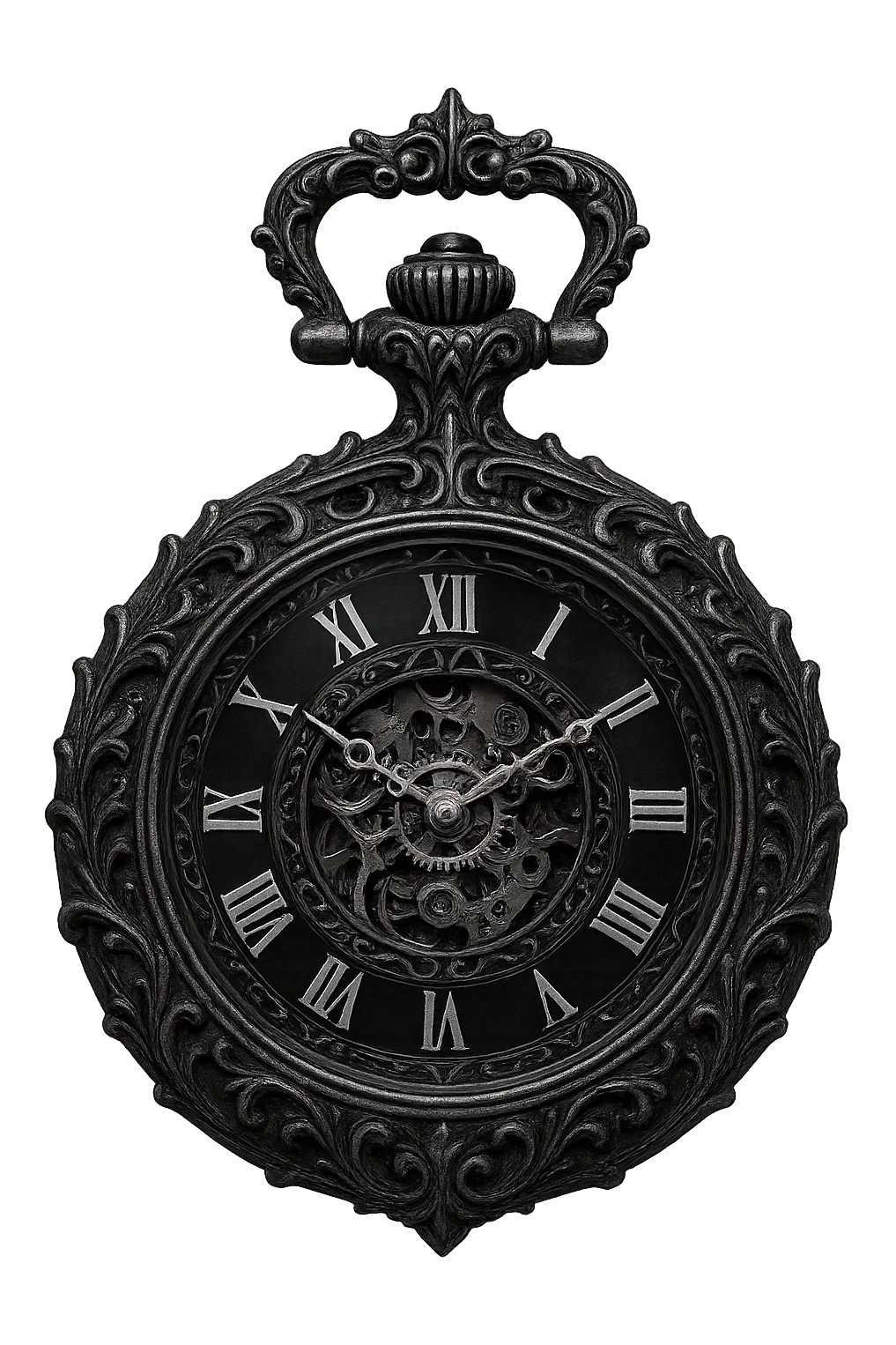 gothic pocket watch, black and silver, ornate and dramatic, no background emoji